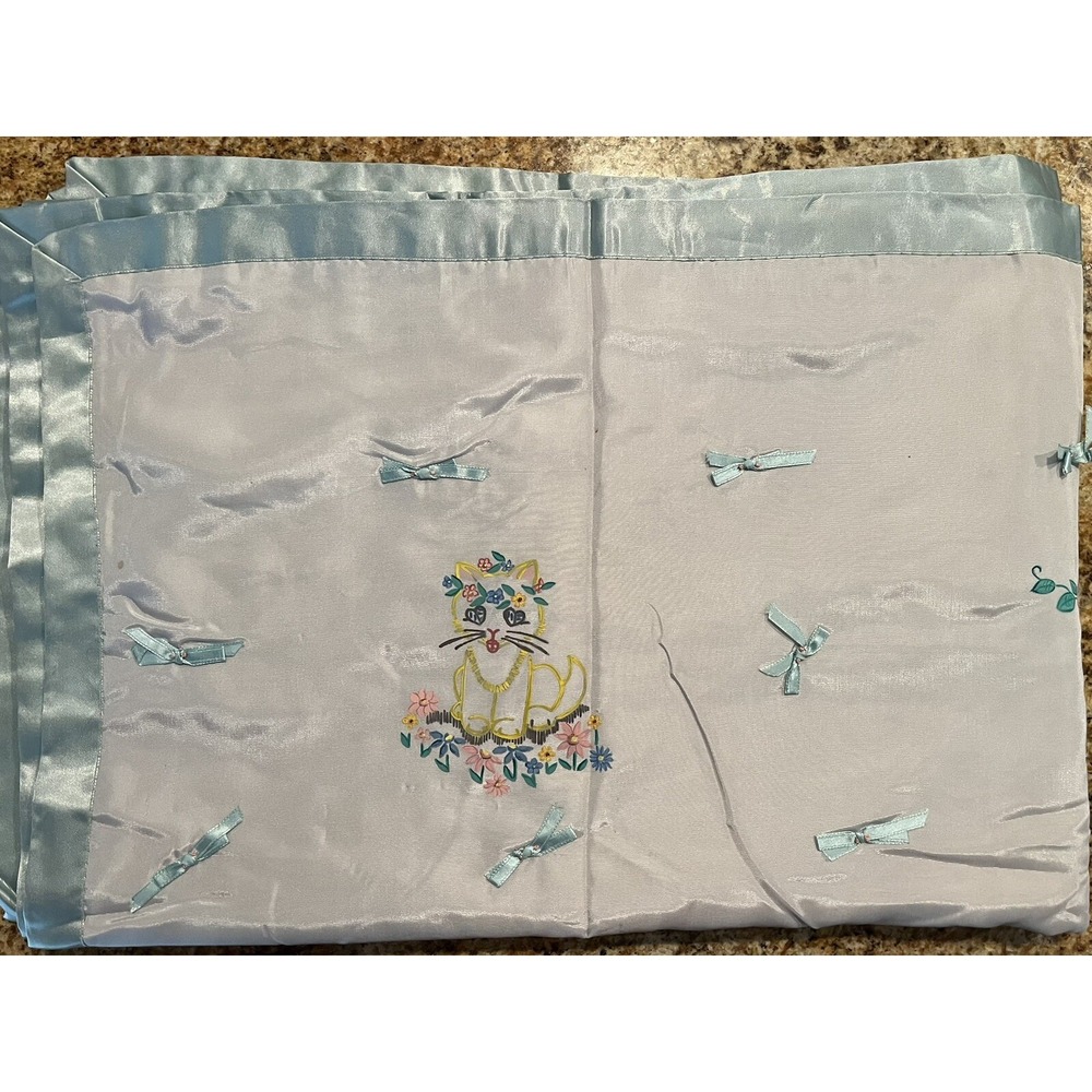 VTG Hand Stitched Baby Blanket Quilt Satin w/ Animals And Blue Bows‎ 56" X 40"